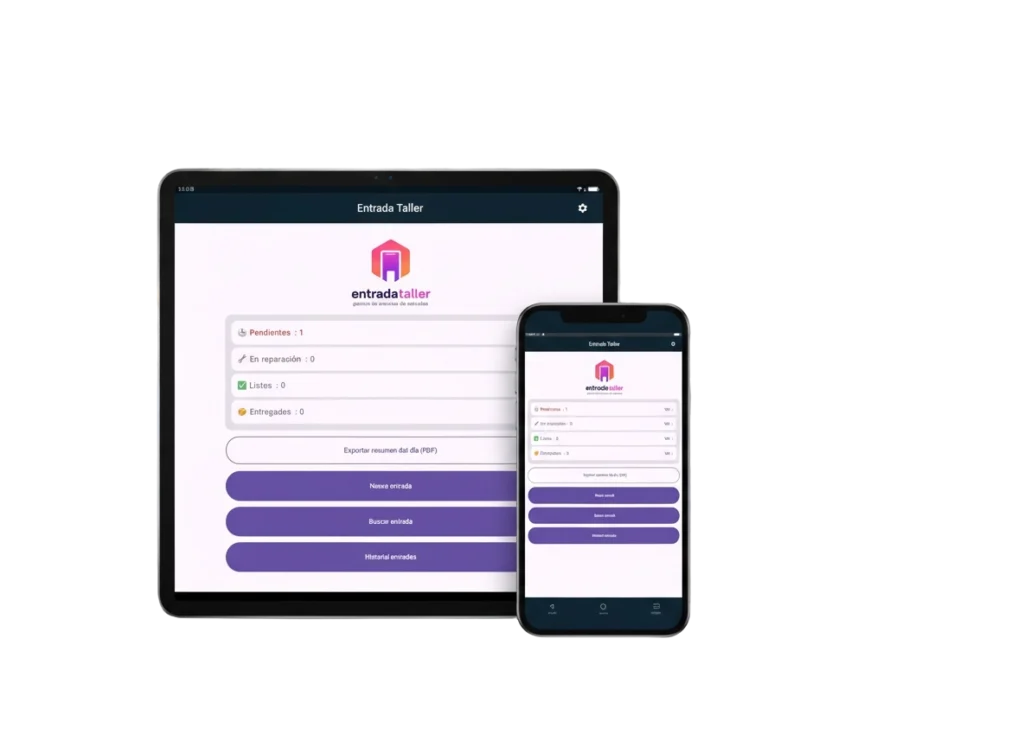 App de gestión EntradaTaller en tablet y móvil para talleres mecánicos