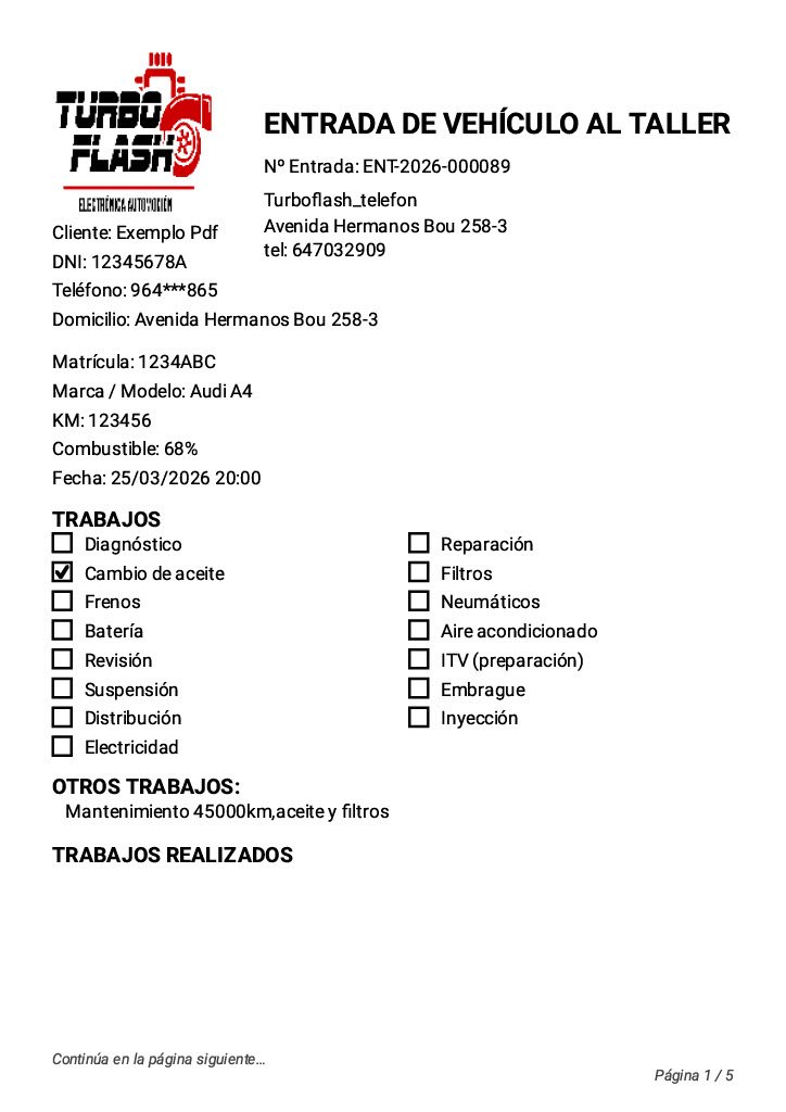 Entrada de vehículo en taller mecánico